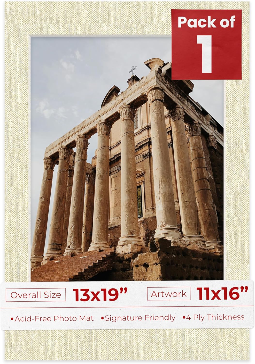 13x19 Mat Bevel Cut for 11x16 Photos - Acid Free Fresh Linen Canvas Precut Matboard With Backing Board and Crystal Clear, Self Seal Photo Mat Bag - For Pictures, Photos, Framing - 4-ply Thickness