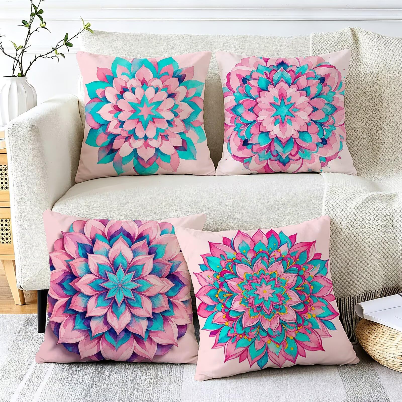 Rosa Federe Cuscini Divano 50x50cm, Cuscini da Esterno Set de 4, Cod-161 | Velour Copricuscini Decorativi Letto Arredo, per Letto, Soggiorno, Giardino, Esterno, Casa Decorazione Set di 4 Mandala