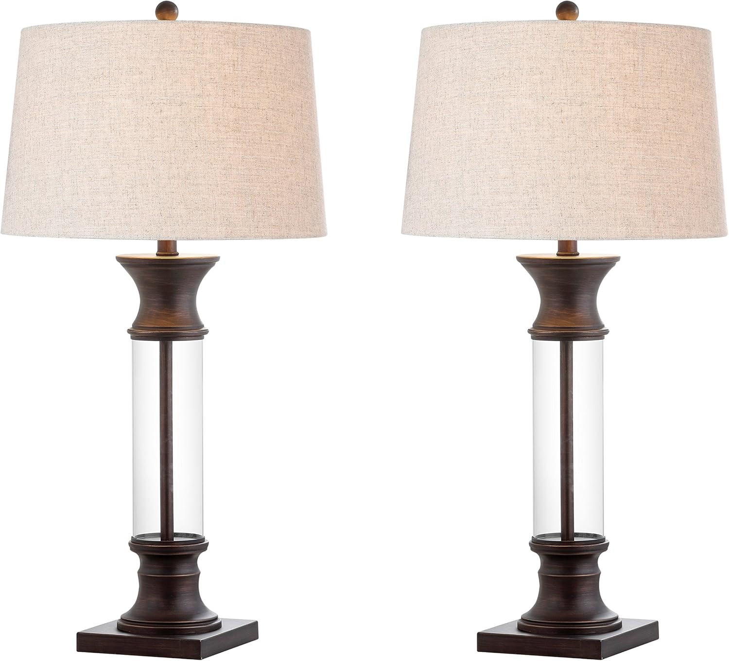 JONATHAN Y 32" Bronze and Clear Glass Table Lamp Set of 2 for Living Room, Rustic Farmhouse Bedside Nightstand Lamps with Gray Linen Drum Shade, LED Bulbs Included JYL4000A-SET2