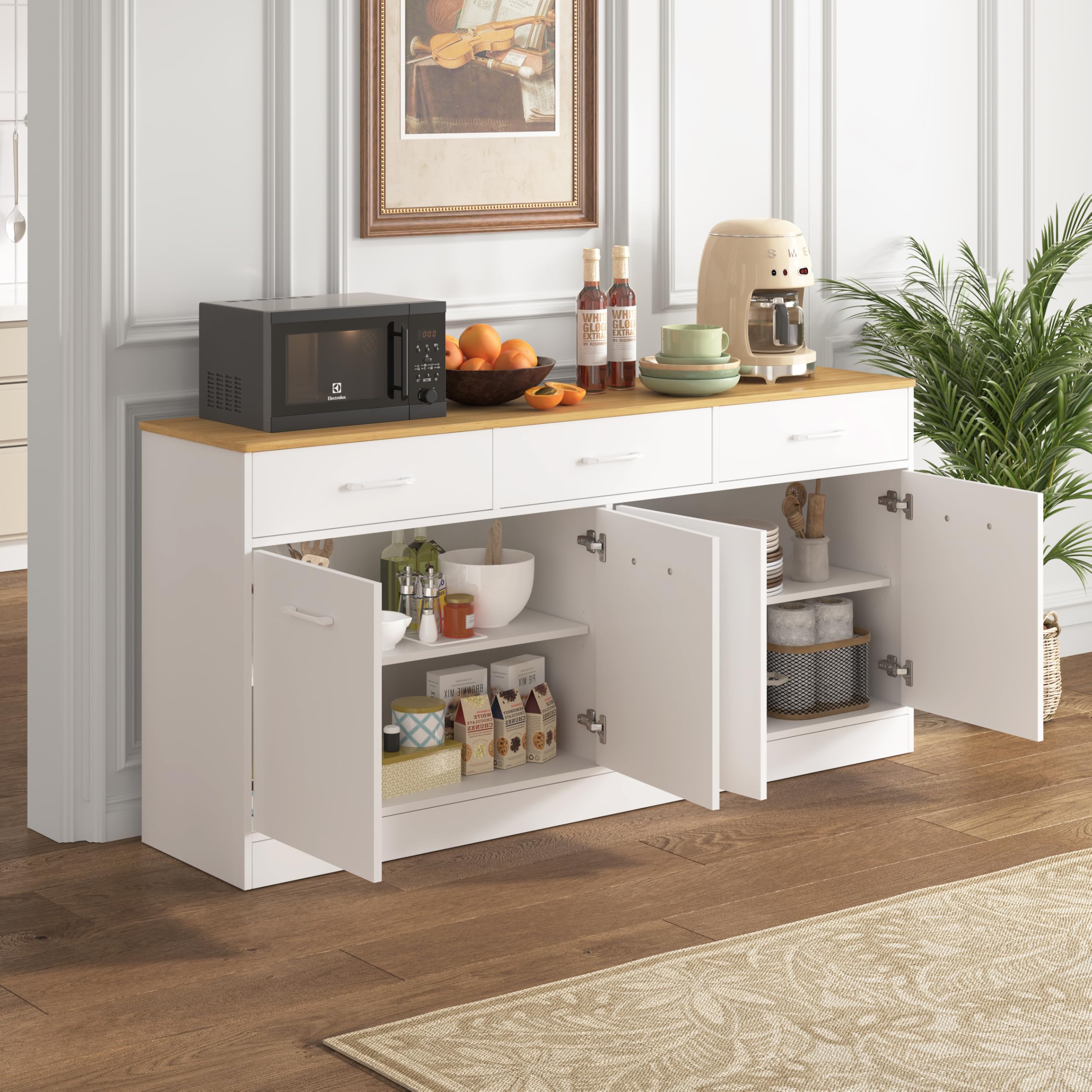 Küchenschrank Sideboard 160 cm mit 3 Schubladen und verstellbaren Einlegeböden, Kücheninsel mit Arbeitsplatte in Holzoptik, Vorratsschrank für Küche, Esszimmer und Wohnzimmer, Weiß