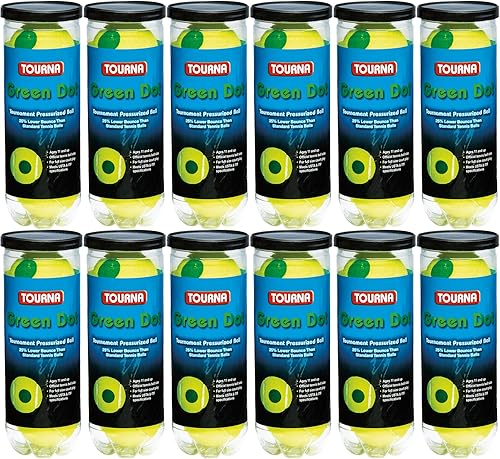 TOURNA Paquete de 12 pelotas de tenis de punto verde presurizadas en una lata presurizada, aprobada por la USTA