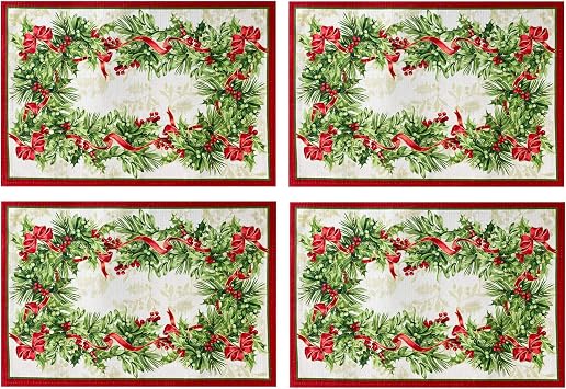 Newbridge Christmas Holly Ribbon Traditions Bordered Set of 4 Fabric Placemats, Boughs of Holly and Berry Ribbon Garland Dining Placemats for Holiday Party