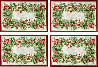 Newbridge Christmas Holly Ribbon Traditions Bordered Set of 4 Fabric Placemats, Boughs of Holly and Berry Ribbon Garland Dining Placemats for Holiday Party