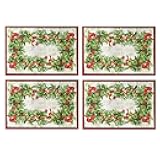 Newbridge Christmas Holly Ribbon Traditions Bordered Set of 4 Fabric Placemats, Boughs of Holly and Berry Ribbon Garland Dining Placemats for Holiday Party
