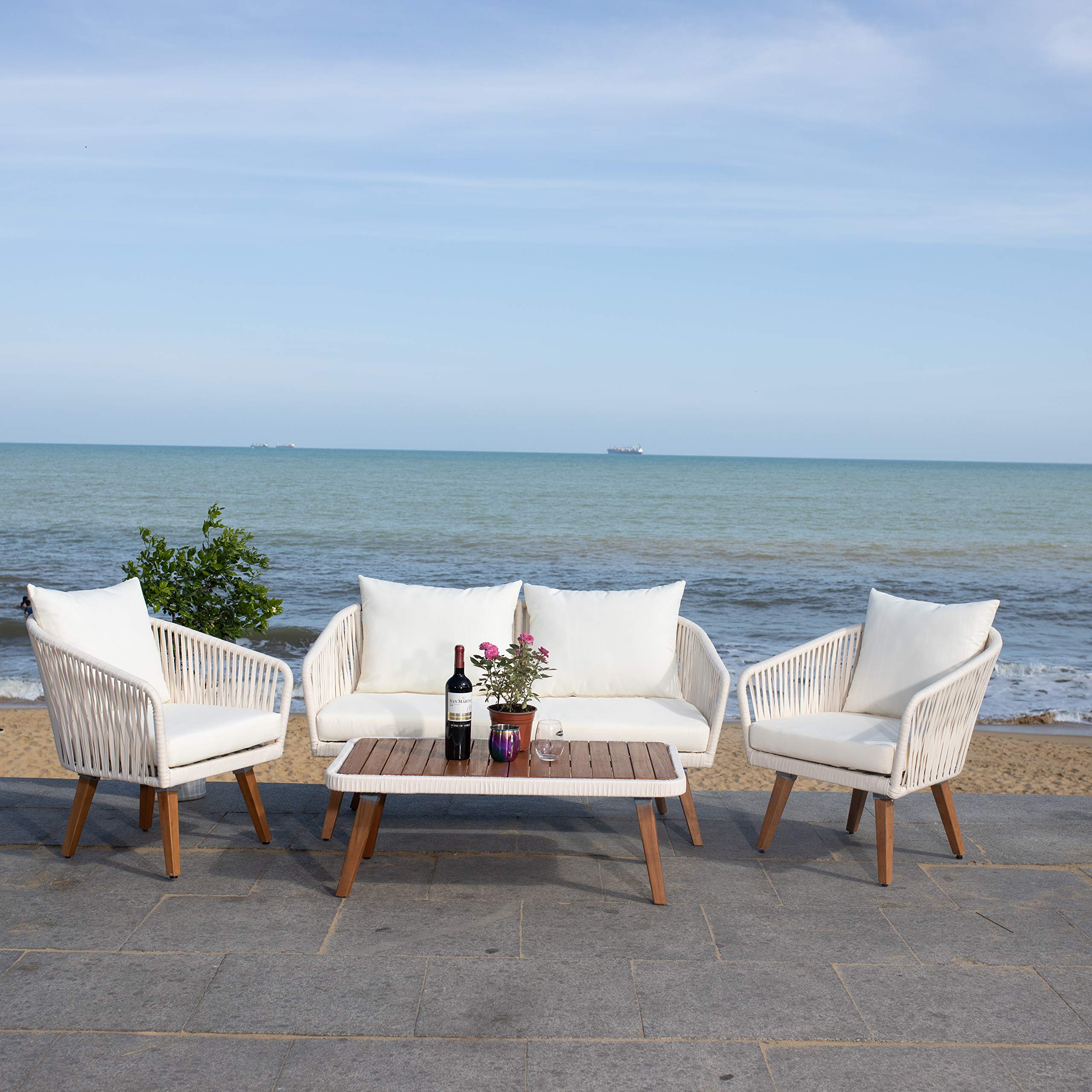 Amazon Com Safavieh Outdoor Collection Ransin Beige 4 Piece Patio Set Garden Outdoor