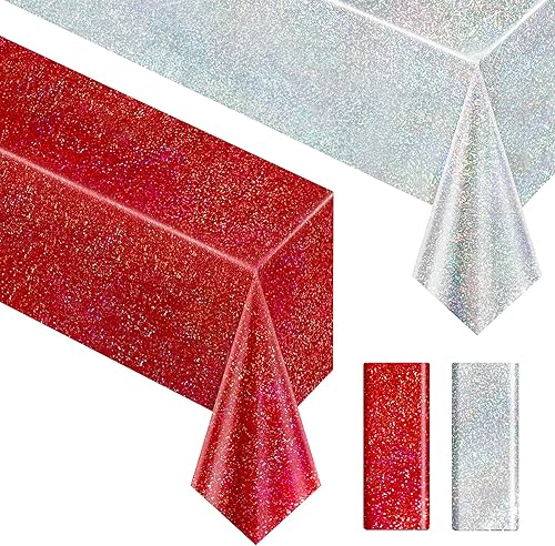 Miniatura 39 de Mantel holográfico morado y rojo fucsia de 40 x 108 pulgadas, decoración de fiesta de San Valentín, cumpleaños, decoración de mesa de plástico