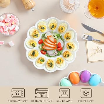 MALACASA Ceramic Deviled Egg Tray & Platter, Holds 12 Halves, Easter Egg Holder, 10-Inch Round White Egg Serving Plate, Dishwasher & Microwave Safe, Perfect for Holiday Dinner, Picnic & Daily Use