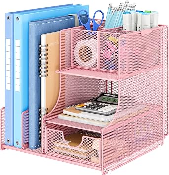 Lavatino Desk Organizer 4-in-1 Pink Mesh Office Supplies Organizer with Pen Holder, File Holder, Desktop Tray, and Drawer for Home, Office, Classroom