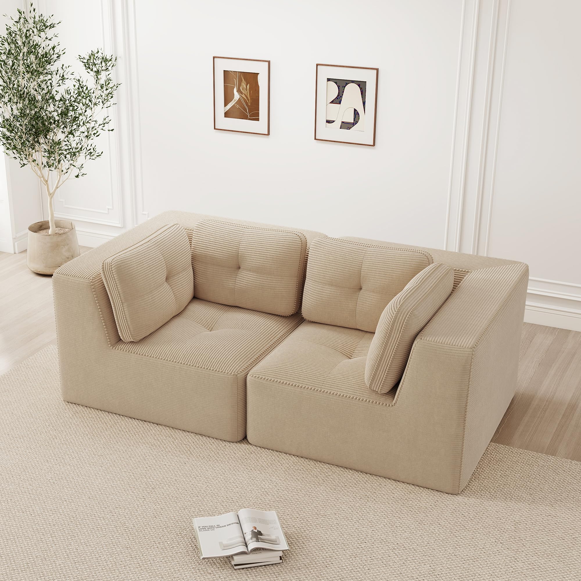 Sofa 2-osobowa ze sztruksu, modułowa, bezramowa, beżowa, głęboka siedziska