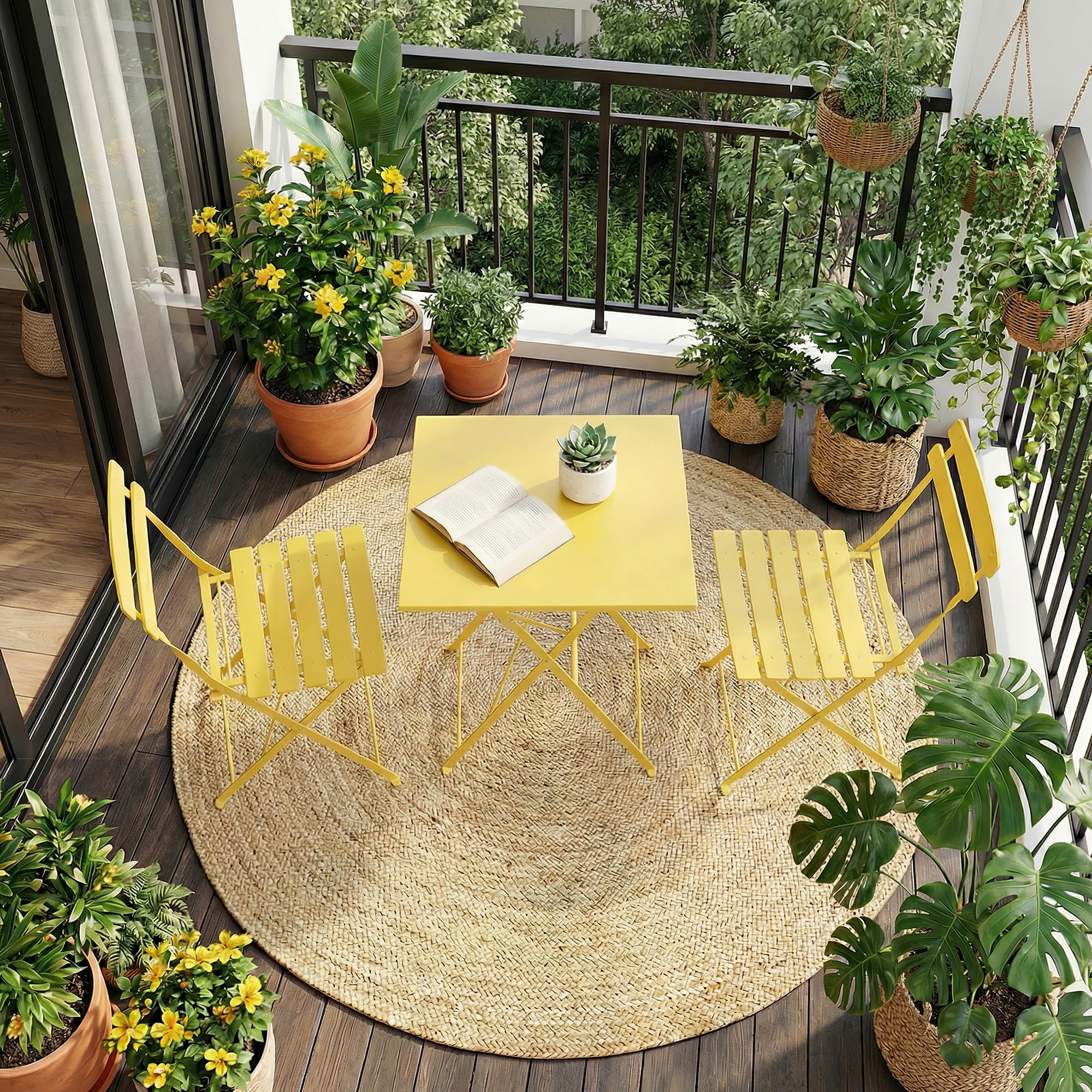 Garvee Table de Bistrot Exterieur Table Carrée et 2 Chaises Pliantes | Ensemble Bistrot de Jardin 3 Pièces en Métal sans Montage avec Double Protection Antirouille pour Balcon Terrasse et Jardin