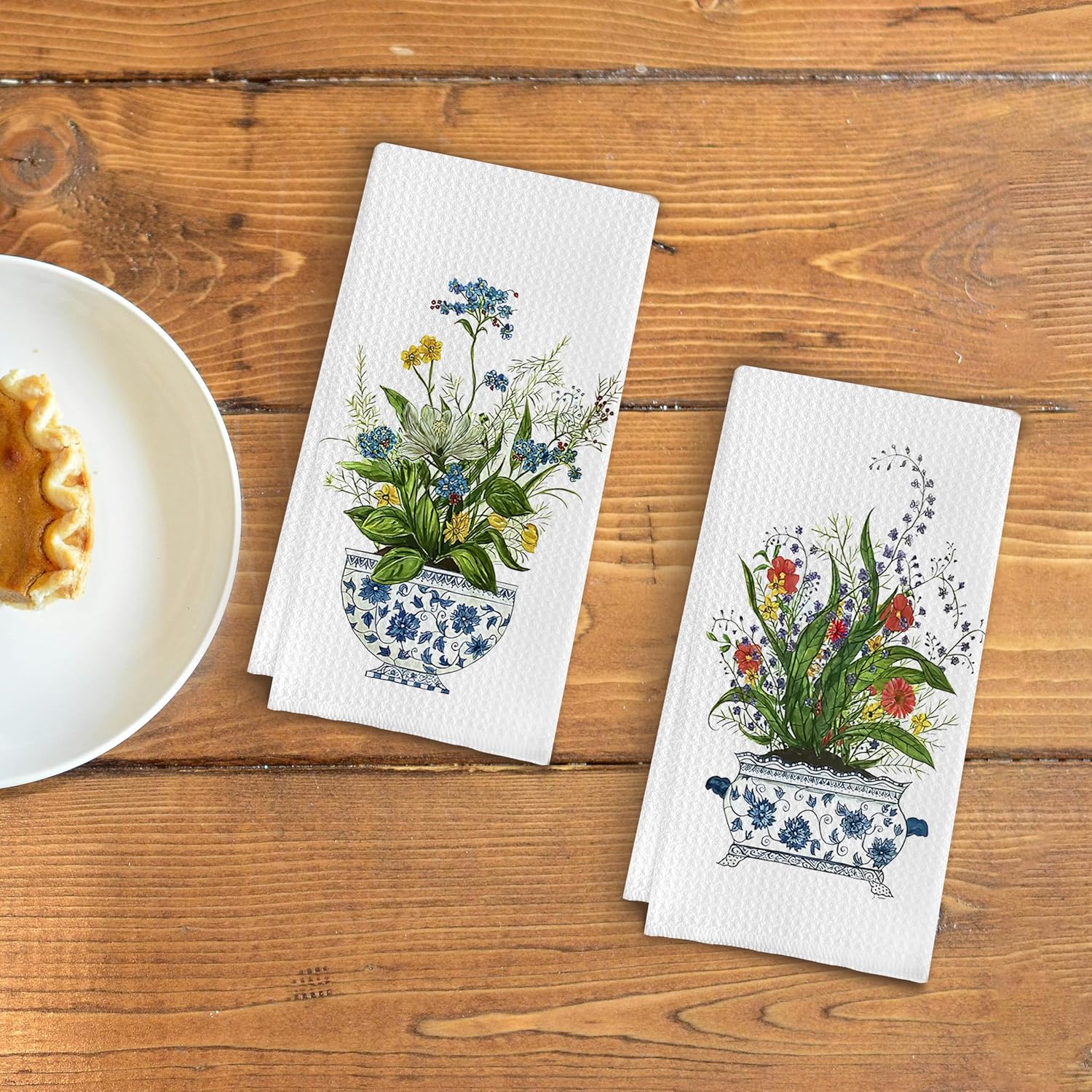 Chinoiserie Floral Kitchen Towels Set of 2 - Retro Flower Chinoiserie Dish Towels for Kitchen, Chinoiserie Kitchen Hand Towels, Chinoiserie Waffle Weave Tea Towels Decorative Set 16 X 24 Inch - Image 3