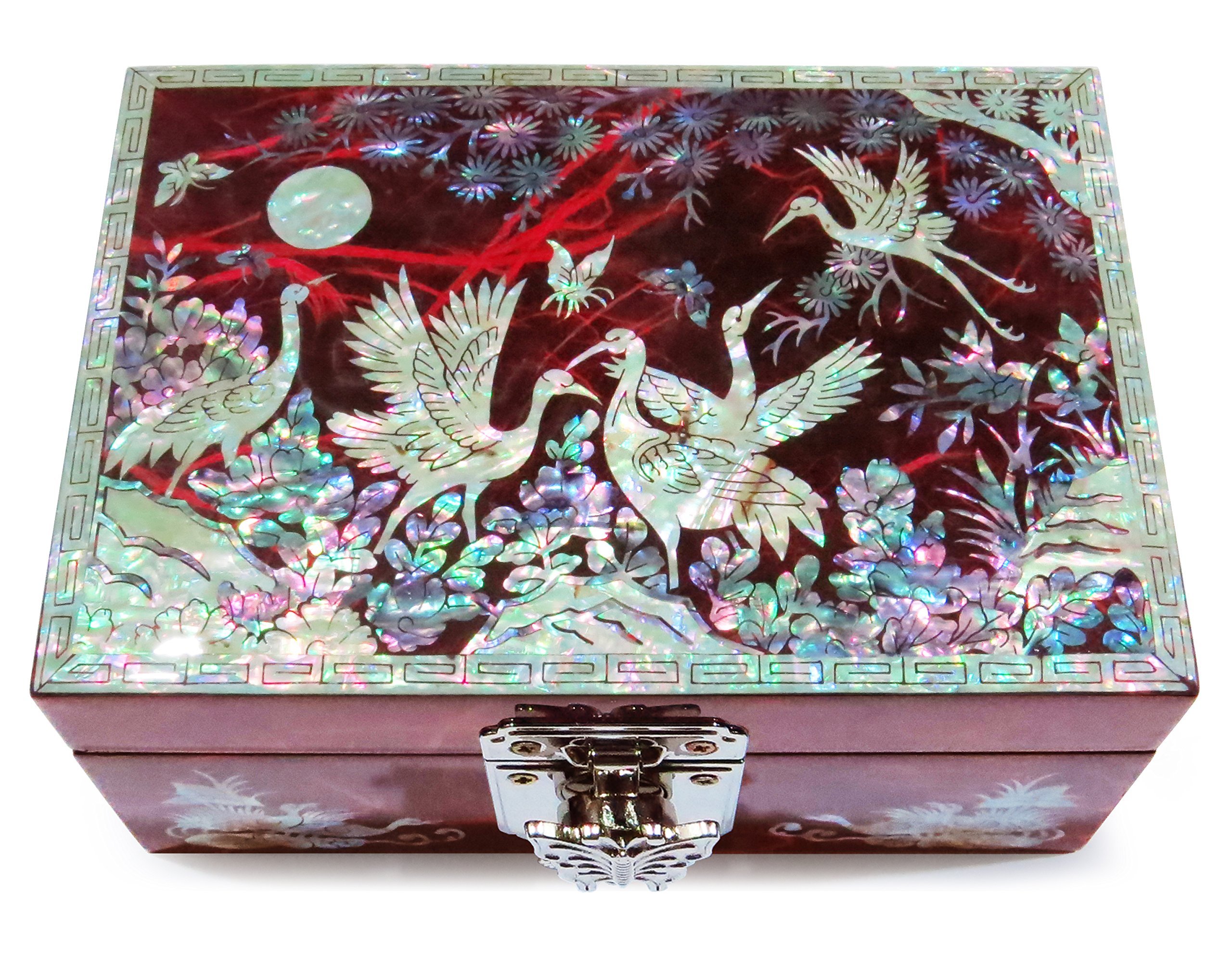 MADDesign Mother of Pearl Lacquered Jewelry Box Ring Tray Cranes Red