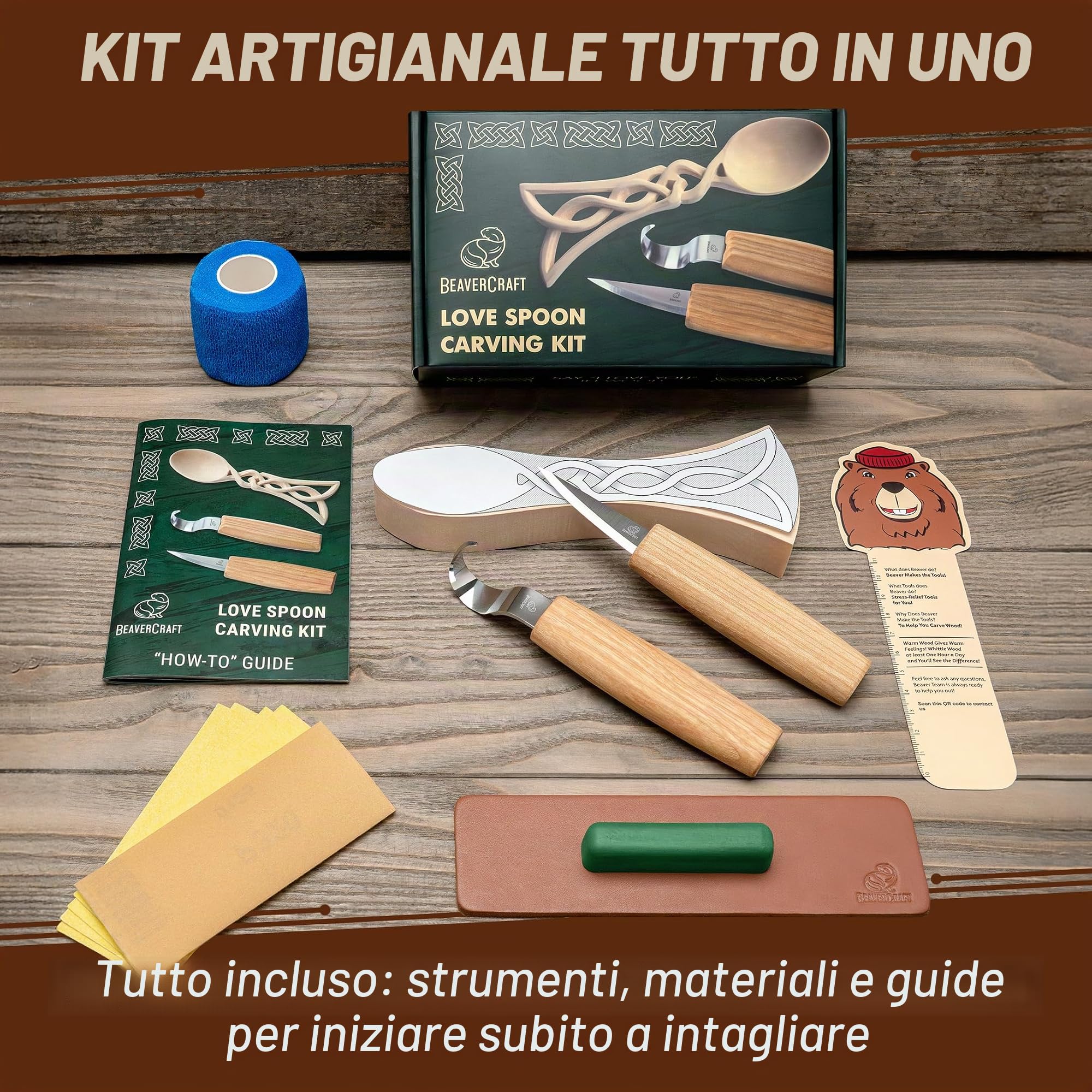 BeaverCraft Kit per Intaglio Cucchiai in Legno per Principianti DIY04 – Set di Scultura con Strumenti per Cucchiai, Coltello Sloyd e Coltello a Gancio – Sagoma in Tiglio – Hobby del Legno