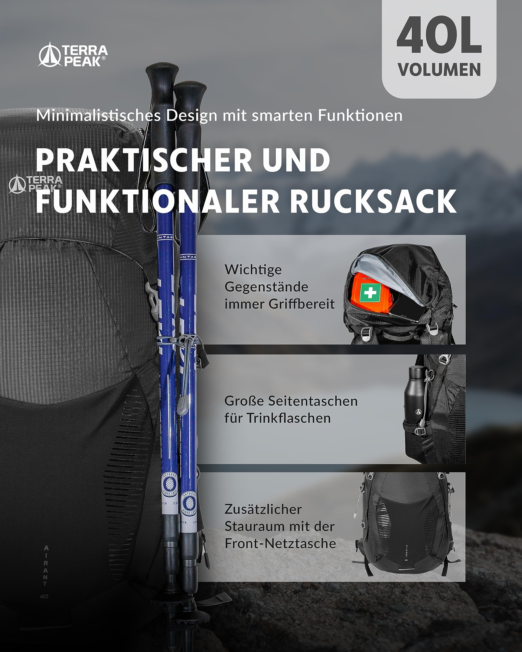 Terra Peak® Premium Wanderrucksack mit belüfteten Netzrücken 20L 30L & 40L (AIRANT) Damen & Herren mit Rückenbelüftung & Regenschutz - Ergonomischer Trekkingrucksack aus atmungsaktivem Mesh & Hüftgurt