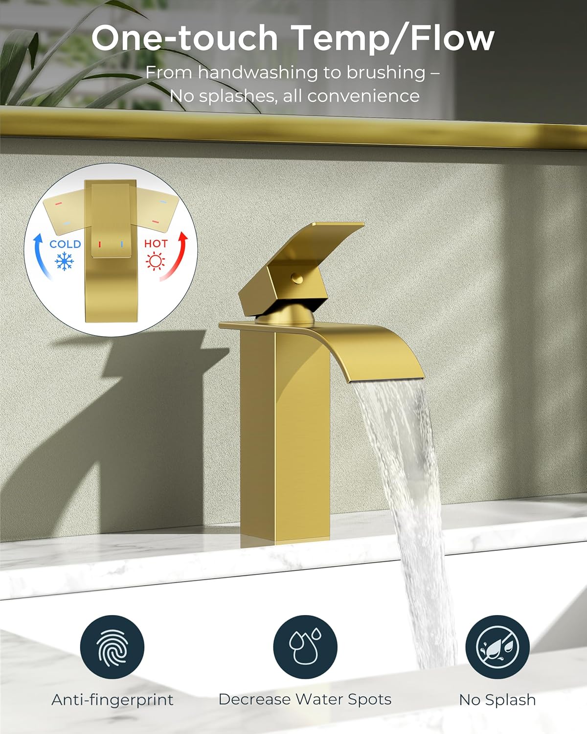 FORIOUS Brushed Gold Waterfall Bathroom Faucets 1 or 3 Hole, Vanity Single Bathroom Sink Faucet with cUPC Supply Line and Pop Up Drain, Suitable for Basin, Rv, Restroom Sink