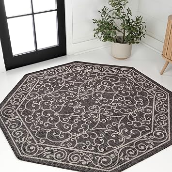 Eyely Filigree WeaveOctagon Area Rug 5 Ft Black/Gray, Indoor Outdoor Rug | Ships Rolled, Durable Flat Weave, Lays Flat for Backyard, Patio, Porch, Easy-Cleaning, High Traffic,Pet-Friendly,Non-Shedding