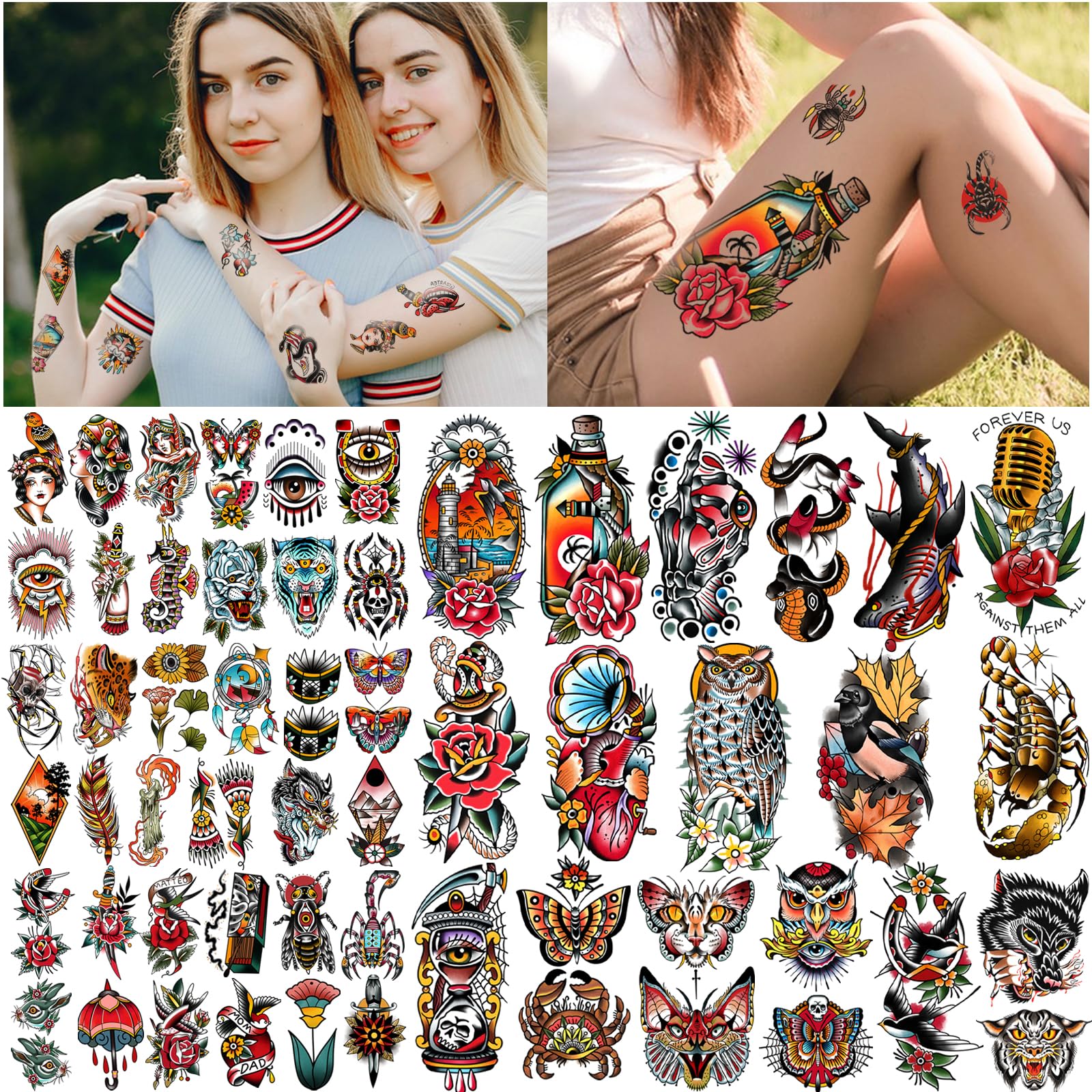 77 hojas de tatuajes falsos impermeables para hombres o mujeres, 17 hojas más grandes, mitad brazo, búho, peonía, mariposa, serpiente, tatuajes temporales para niño o niña, y 60 hojas de 3