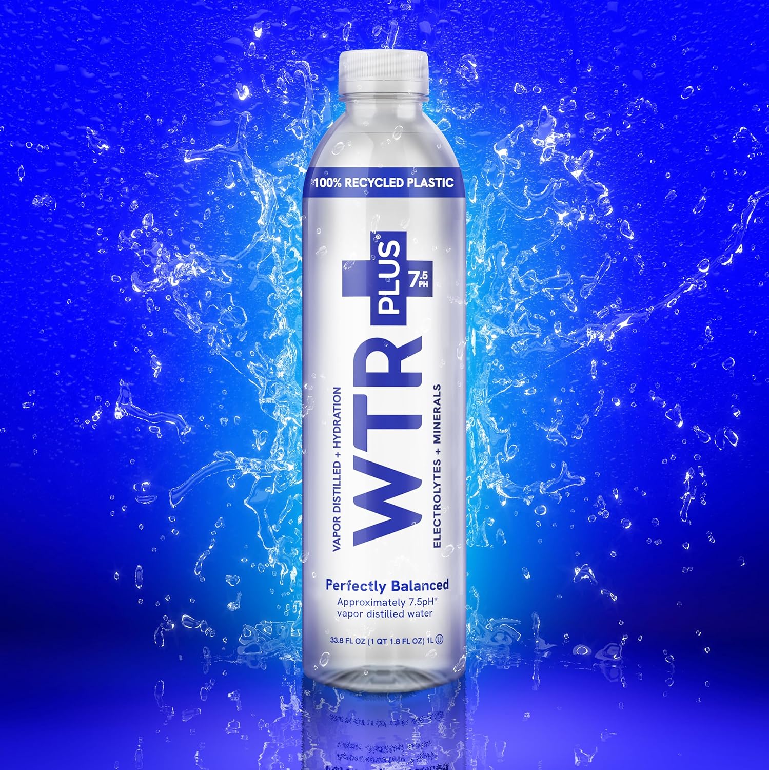 WTR+ Vapor Distilled Water, 1 Liter (Pack of 12) Bottled Water, 7.5 pH Alkaline Water with Electrolytes for a Crisp, Refreshing Taste