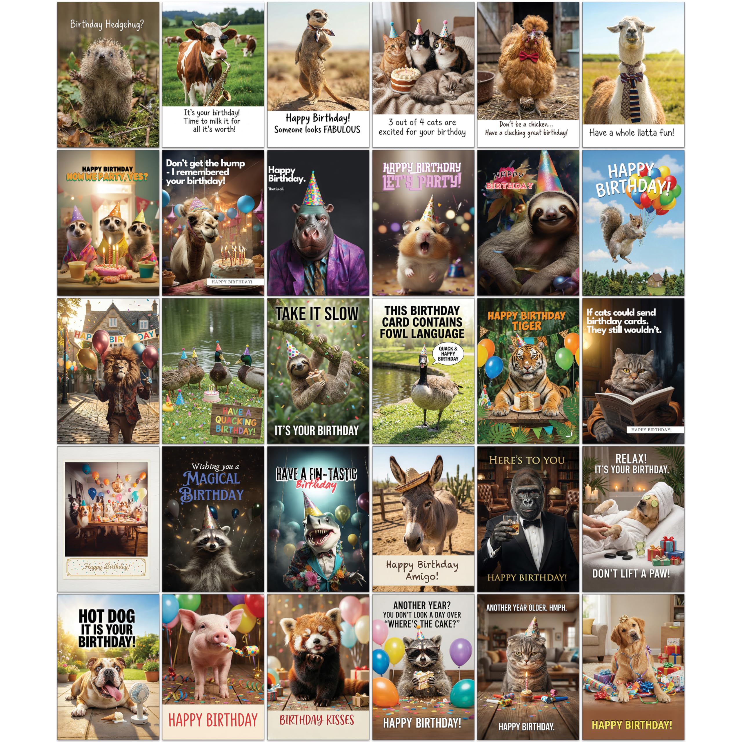 Party Animals! Birthday Cards Set of 30 Funny Animal Photo Cards A6 Pearlescent Cardstock with White Envelopes