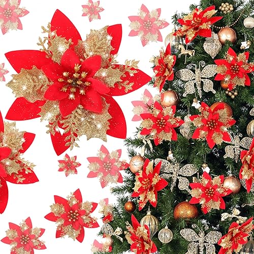 Decoraciones de Navidad con flores de Pascua - 12 piezas de adornos artificiales dorados rojos de Pascua para árbol de Navidad, brillantes para