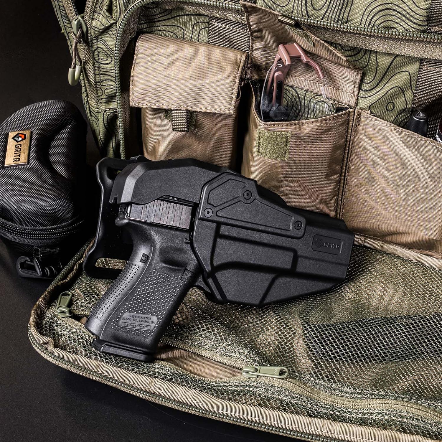 GRITR Level 2 Duty Holster Fits Glock 17 (Gen 1-6), G19 (Gen 1-6), G19X, G22, G23, G44, G45 (Gen 5 & 6) - Right Hand OWB - Optic Ready, Adjustable Retention, Mid Ride Belt Slide, Thumb-Release Hood