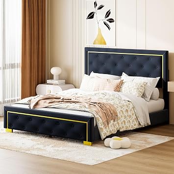 Luxury Queen Size Upholstered Platform Bed with Pull Point Headboard and Metal Wire Frame at Head and Foot of Bed, Velvet Platform Bed with Metal Feet, No Box Spring Required Black-chj