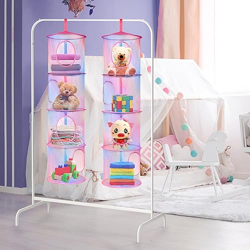 Miniatura 3 de Libeder 2 bolsas plegables de malla para colgar para guardar espacio, almacenamiento de animales de peluche, 5 compartimentos, bolsa colgante de