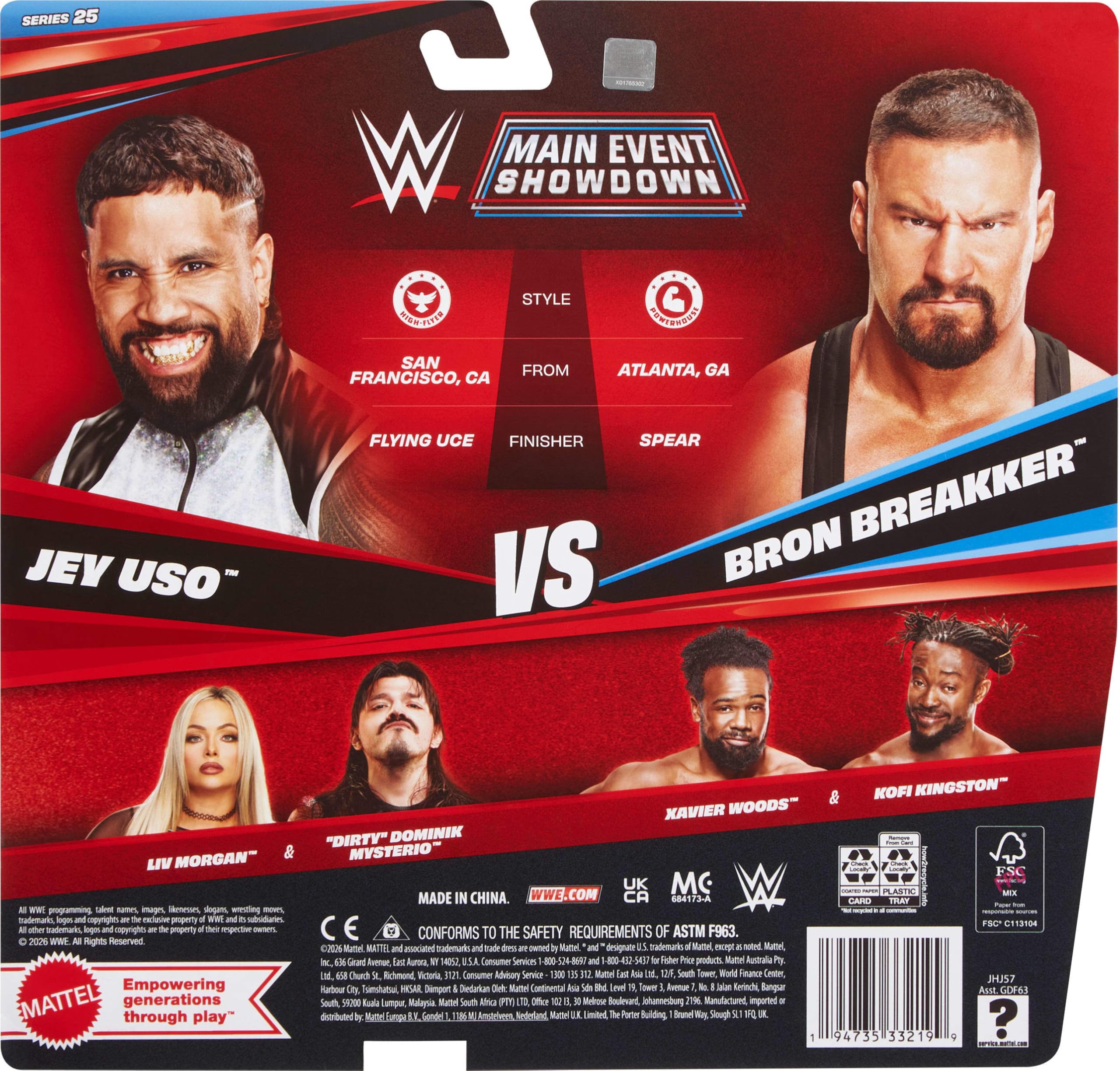 Mattel WWE Hauptkampf Showdown-Actionfiguren im 2er-Pack mit Zubehör, Serie #25 Bron Breakker gegen Jey USO, Sammelfigur-Set, ca. 15 cm groß, JHJ57, [Mehrfarbig]