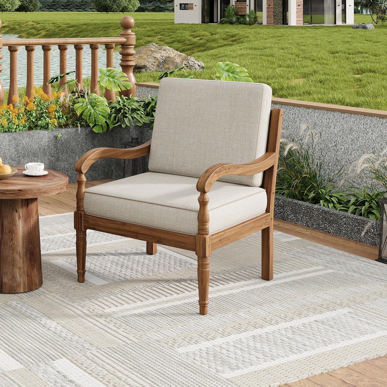 Christopher Knight Home Pyosik Acacia Wood Patio Chair, Comfy Armchair with Thick Cushions, Comfort Seating for Garden Backyard Poolside, Wooden Lounge Chair Outdoor with Armrest, Beige + Natural