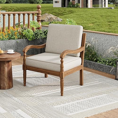 Pyosik Acacia Wood Patio Chair, Comfy Armchair with Thick Cushions,