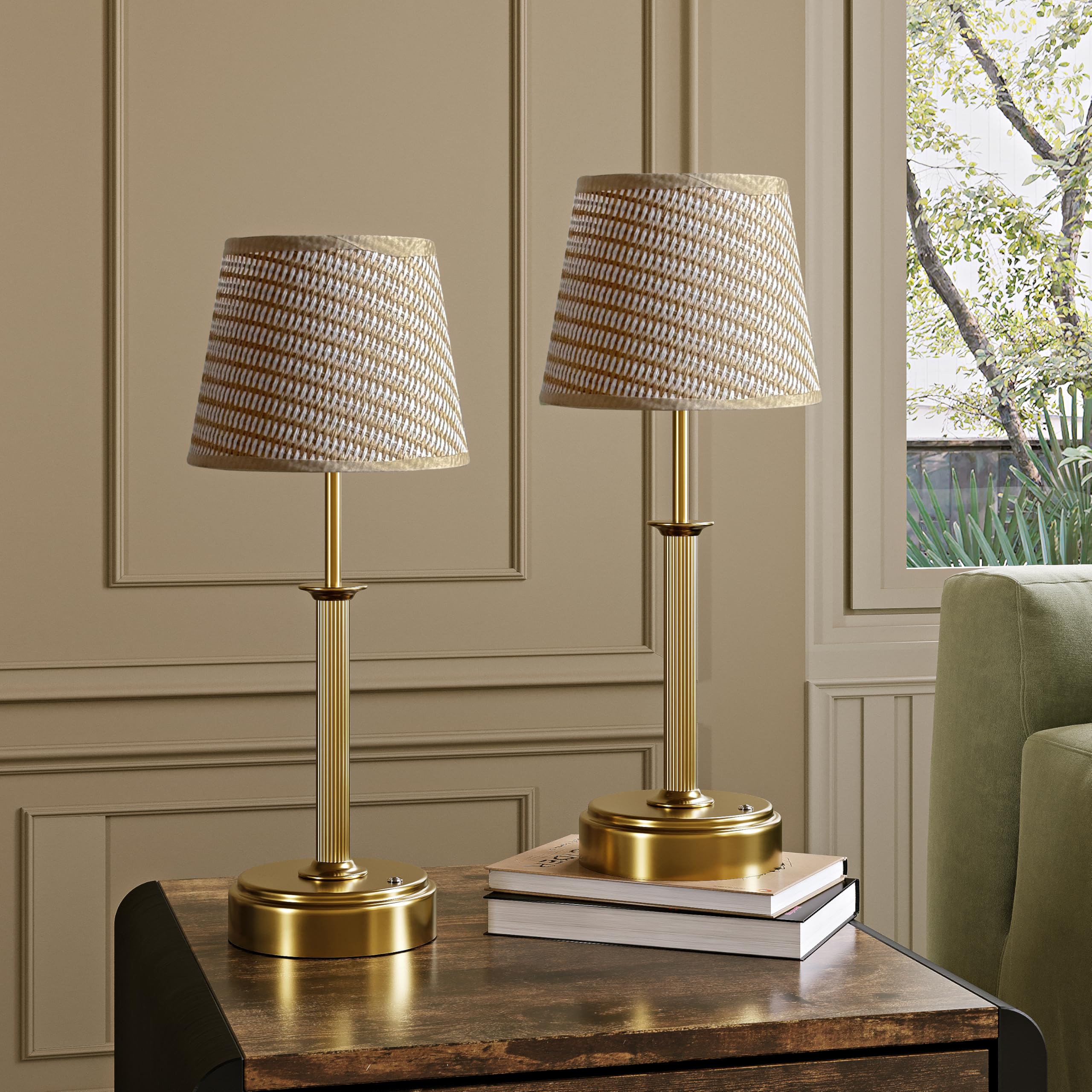 Luxcolyn Rechargeable Table Lamp, Cordless Battery Lamp with Touch Control, Warm Light Dimmable, Gold Table Lamps with Brown-and-White Rattan Lampshade for Bedroom, Living Room, Home Office