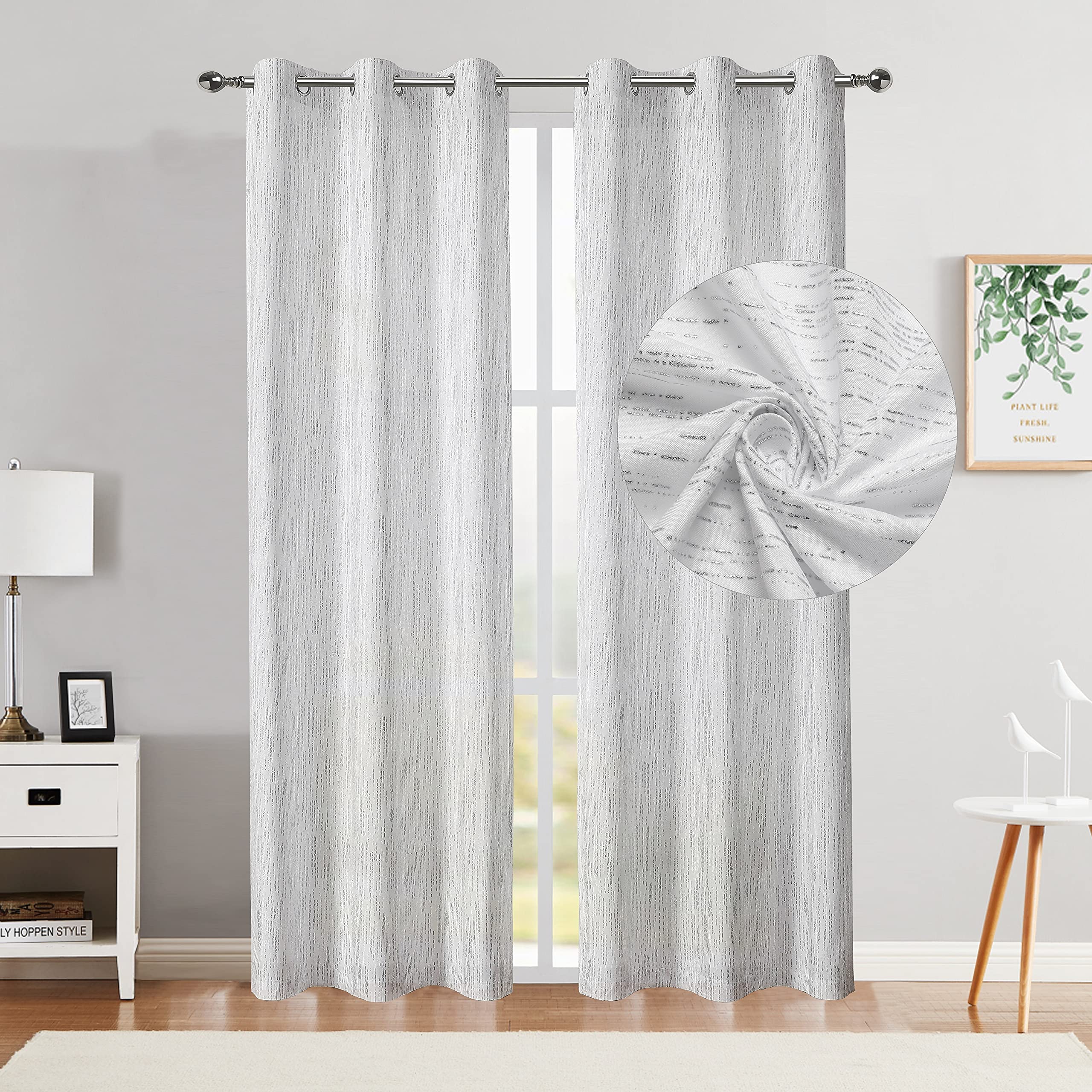 Bapawfish White Striped Sheer Curtain 84 Inch Long, Silver Foil Print Rain Stripe Pattern, Grommet Window Treatment Drapes for Bedroom, Living Room, 42" x 84", 2 Panels