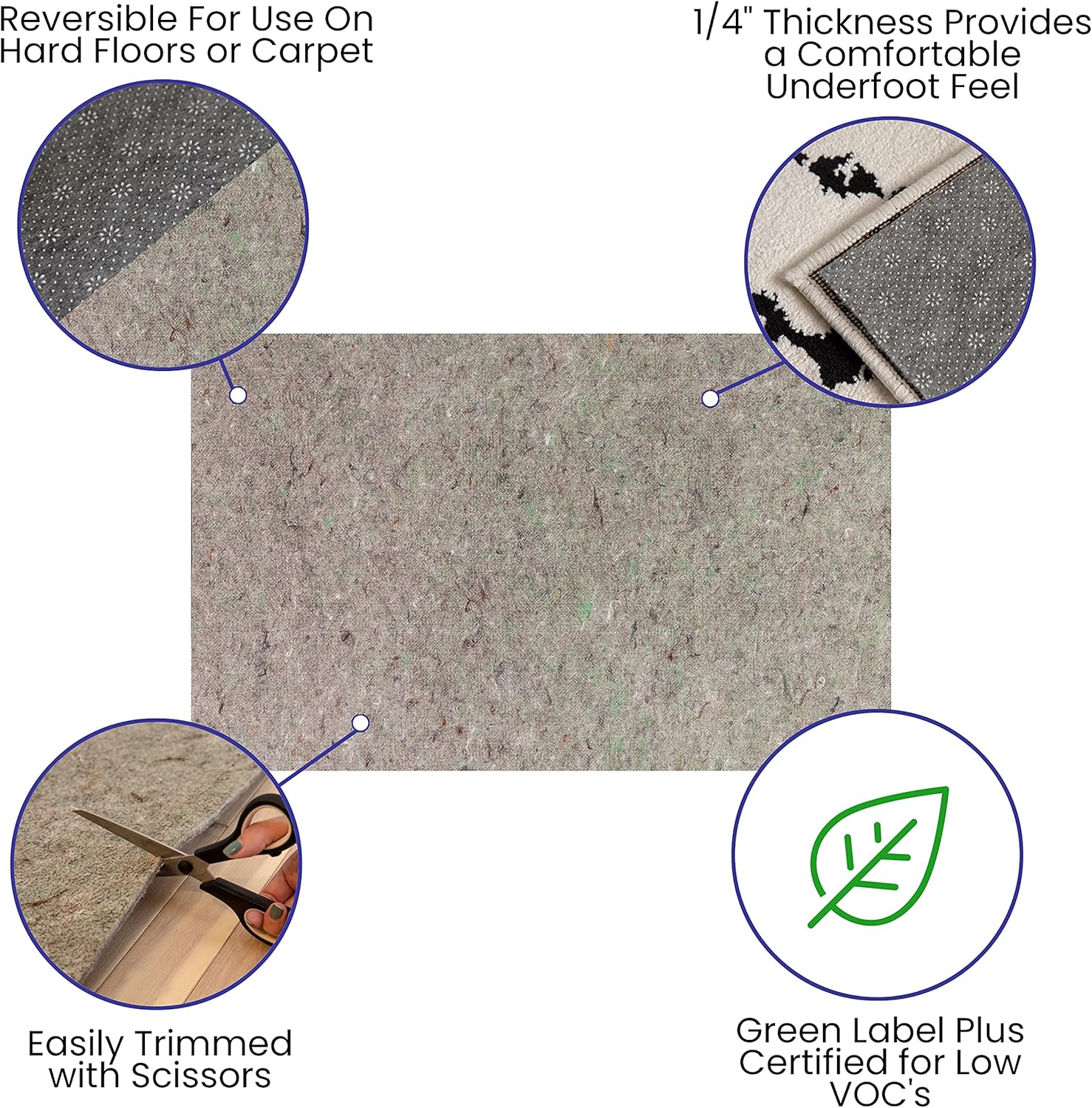 Flash Furniture Minnie Slide-Stop® Multi-Surface Reversible Non-Slip Cushion Rug Pad, 1/4" Thick, Floor Protection, for 5'x8' Area Rug, Gray