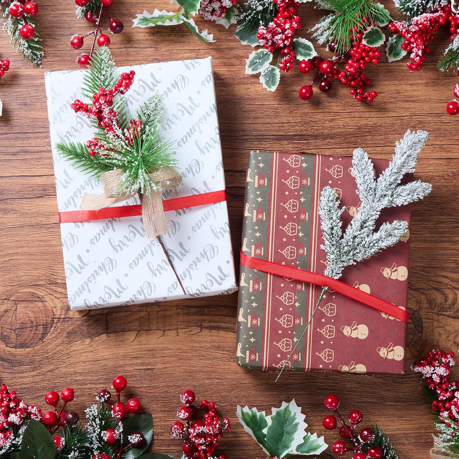 WILLBOND 48 Pack Artificial Christmas Tree Picks Include 24 Christmas Tree Cuttings with Assorted Red Berries, Holly Leaves, Pine Cones and 24 Artificial Pine Branches, Greenery Needles(Novel)