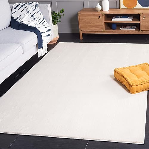 Safavieh Alfombra de área de colección de piel de conejo sintética, 3 x 5 pies, beige, lavable a máquina, antideslizante, diseño sólido, ideal para