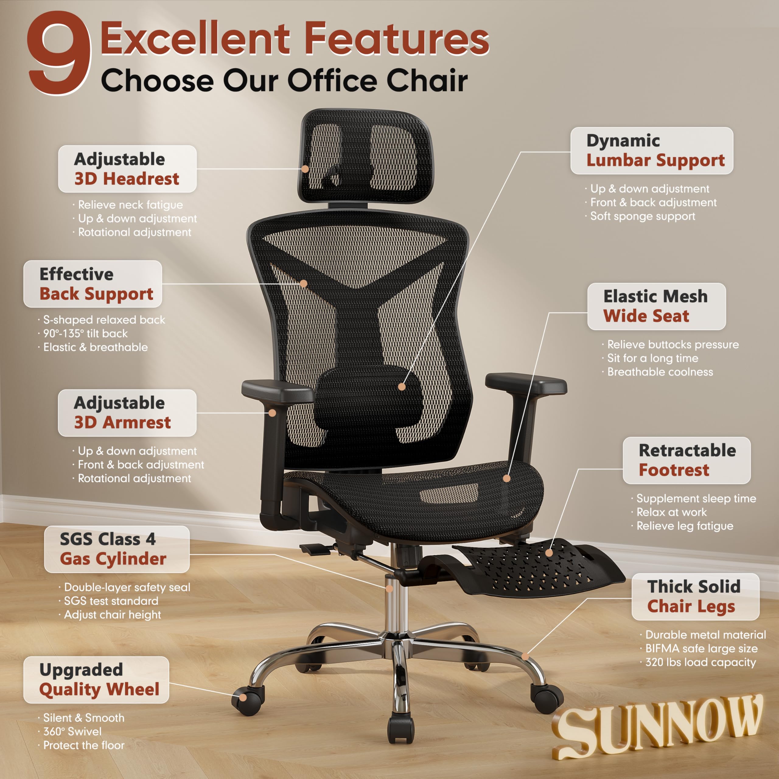 Ergonomic Office Chair with Foot Rest, Home Mesh Desk Chair with Adjustable Lumbar Support, 3D Armrest, 3D Headrest, 90°-135° Lockable Reclining Function, Comfy High Back Swivel Computer Gaming Chairs