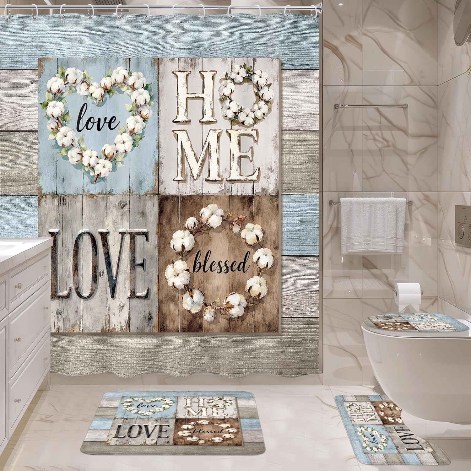 4 PCS Rustic Floral Flower Bathroom Set with Shower Curtain and Rugs 72Wx72H Inch Farmhouse Wood Plank Country Non-Slip Bath Rug Toilet Lid Cover U Shape Mat Accessories 12 Hooks Bathoom Decor