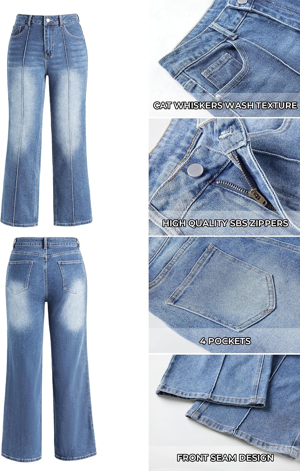 EMMIOL Wide Leg Jeans for Women Mid High Waisted Straight Leg Jeans 2026 Trendy Stretchy Denim Pants with Front Seamed