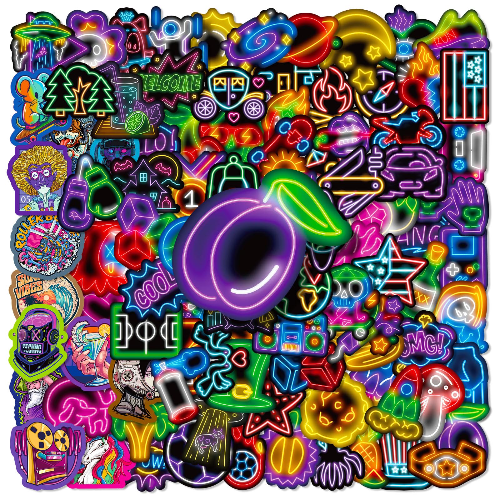 100Pcs Water Bottle Stickers - Neon Vinyl Decals, Cute Waterproof Sticker Packs for Kids Teens, Cool Prizes for Classroom Rewards, Scrapbook Laptop
