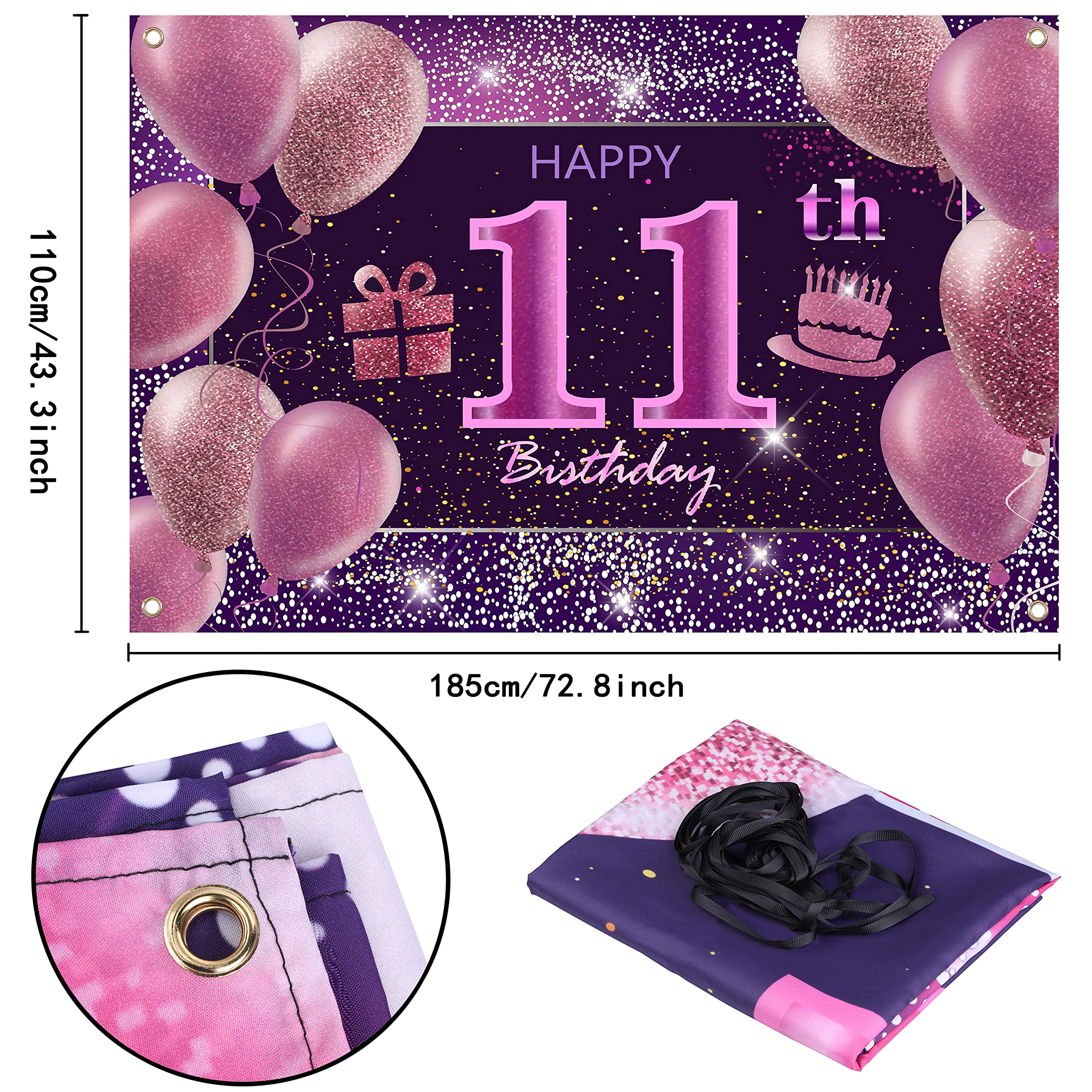 11th Birthday Decorations IMISI Happy Birthday Banner Pink Birthday Backdrop Decorations for a Party - Image 2
