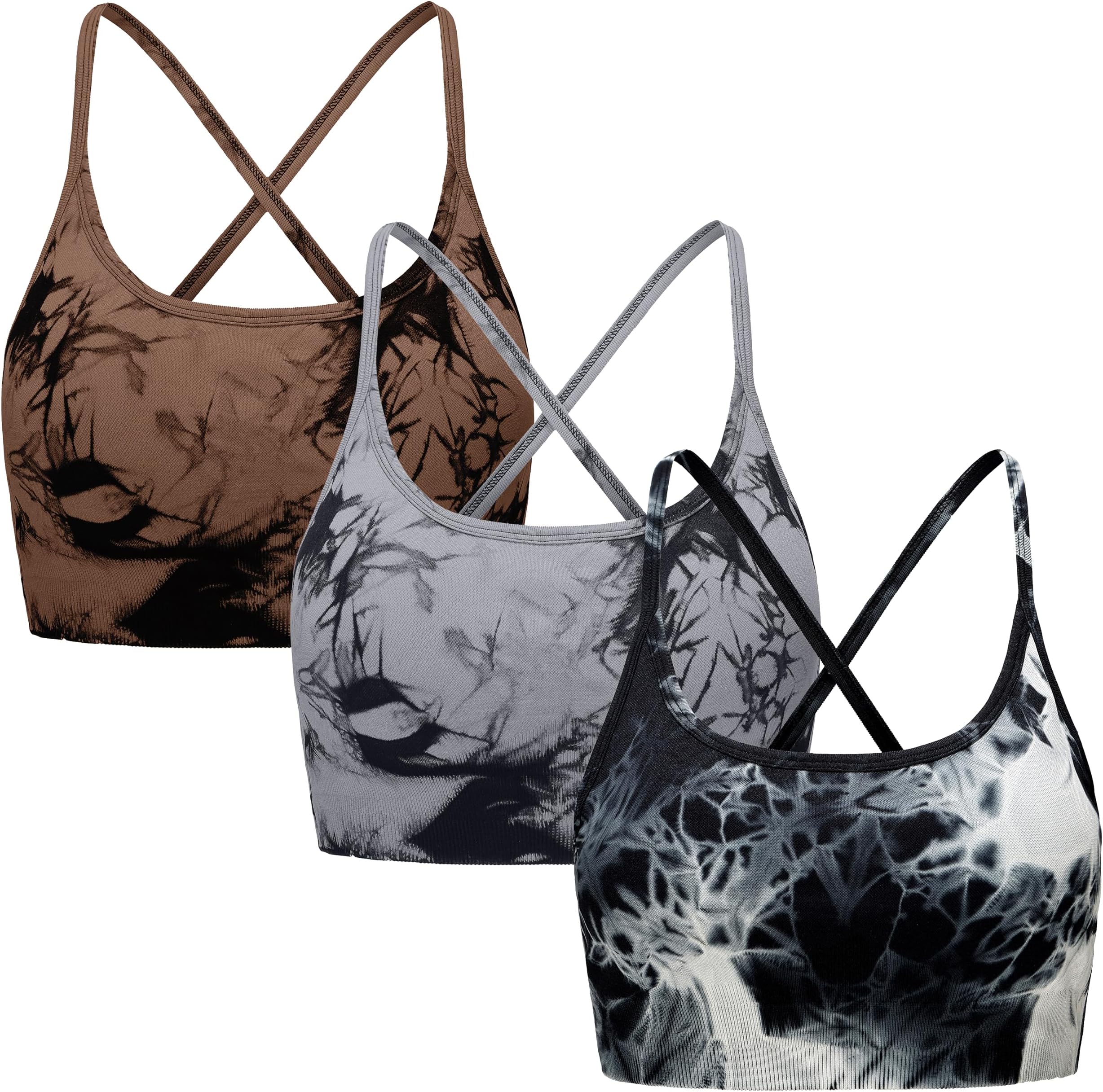 OVESPORT3 Piece Women's Workout Sports Bras Seamless Tie-dye Strappy Gym Yoga Crop Bra