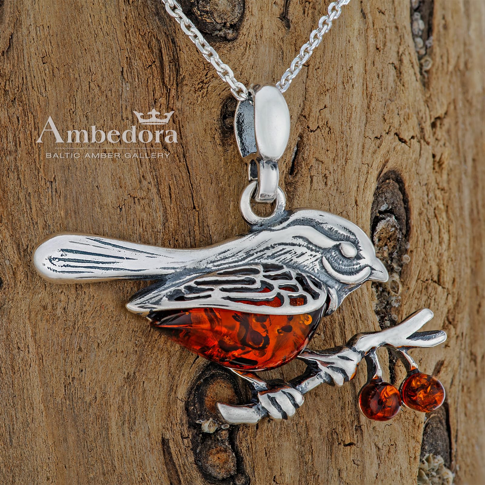 Damen Halskette Bernsteinspatz, Oxidiertes Sterling Silber, Baltischer Bernstein in Cognac Farbe, Silberanhänger mit Kette