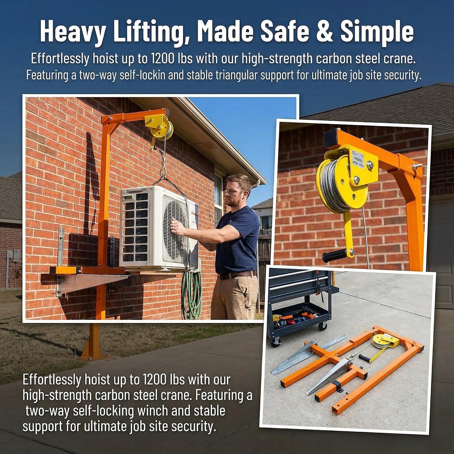 Air Conditioner Lifting Crane, 60 FT Lifting Height Air Conditioner Lifting Tool, Air Conditioner Lift 1200 LBS Load Capacity, Air Conditioning Crane for Outdoor AC Unit Installation
