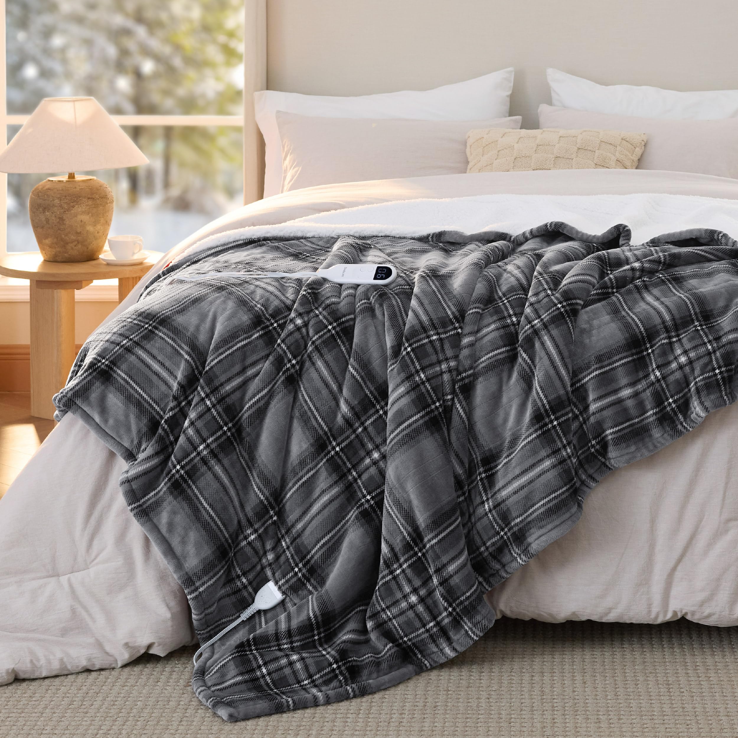 Bedsure Grey Plaid Electric Blanket Twin, Flannel Sherpa Heated Blanket