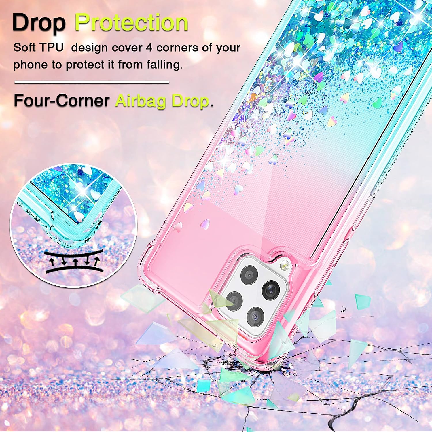 Compatible for Samsung Galaxy A42 5G Case with HD Screen Protector for Girls Women, Gritup Cute Gradient Liquid Glitter Bling Four-Corner Protective Soft TPU Phone Case for Samsung A42 5G Pink/Teal