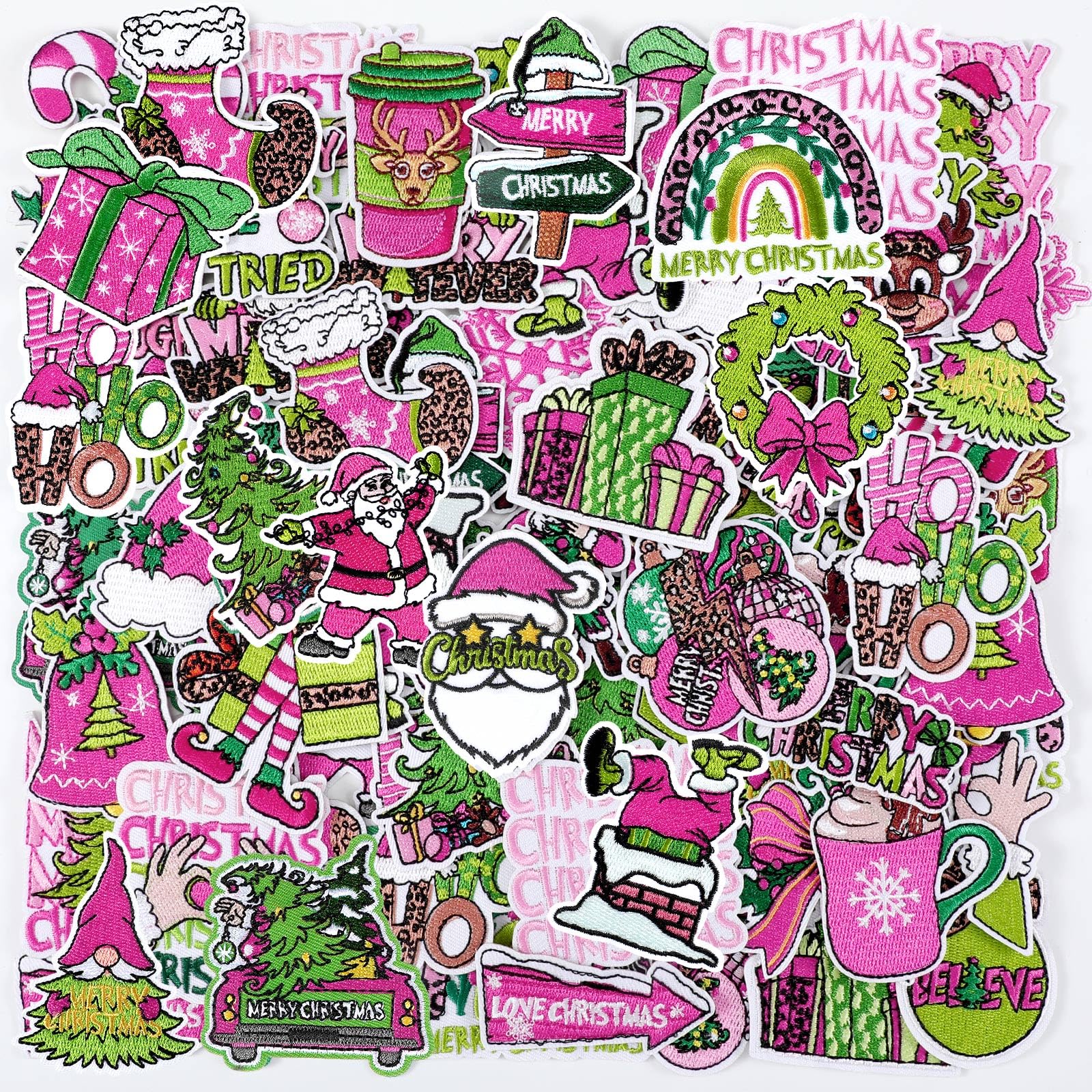 Zeyune 72 Pcs Christmas Iron on Patches Pink and Lime Green Embroidery Iron on Hat Patches Santa Claus Xmas Tree Cane Candy Gingerbread Sew on Applique for Clothes Hats Socks Jeans Backpacks