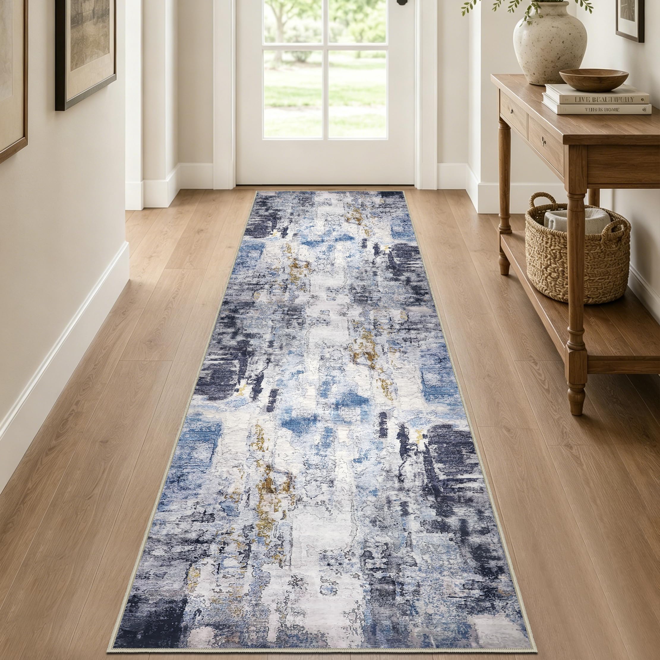 Capslpad Hallway Runner Rug 60x240 cm Machine Washable Non-Slip Blue Entrance Carpet Runner Modern Abstract Low Pile Soft Area Rugs for Kitchen Bedroom Laundry Entrance Decor