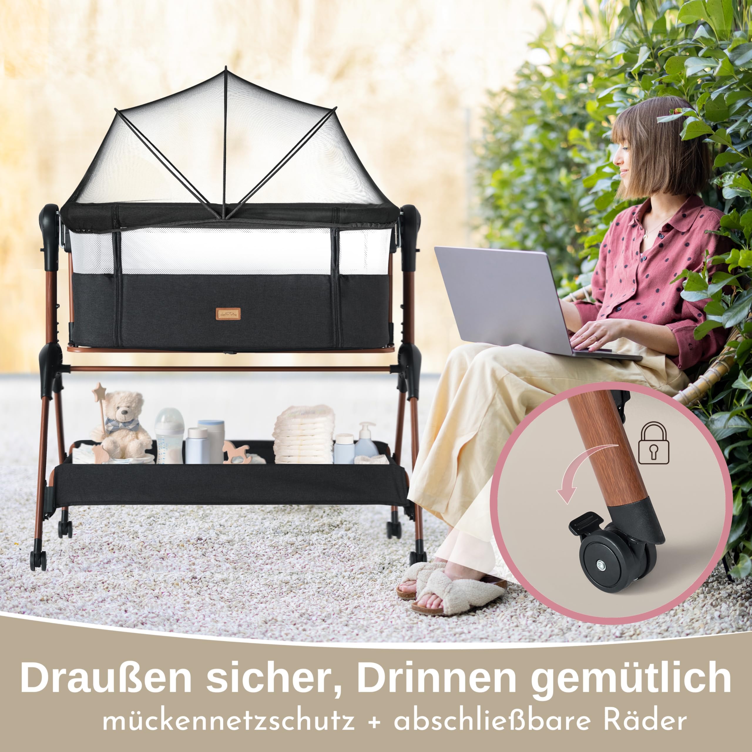 LullaBee Beistellbett & Baby Co-Sleeper – 6 Höhenstufen, Schaukel­funktion, Rollen, gesteppte Matratze, Mesh-Seiten mit Moskitonetz, faltbares Bett mit Tragetasche (0–6 Monate) – Schwarz/Braun