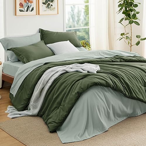 Bedsure Queen Comforter Set - 7 Pieces Olive Green Queen
