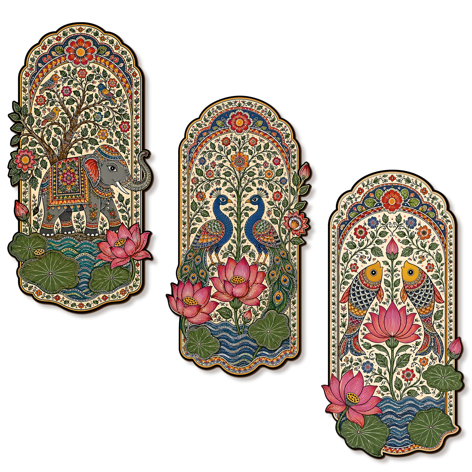 regalo casila luxury madhubani elephant peacock fish lotus mdf wall decor 3 pcs set traditional mithila folk art wall hanging decorative wall art for living room bedroom hall office